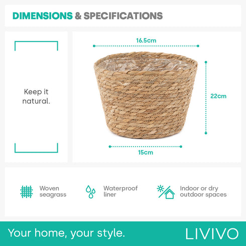 22cm Large Seagrass Plant Pots Set of 3